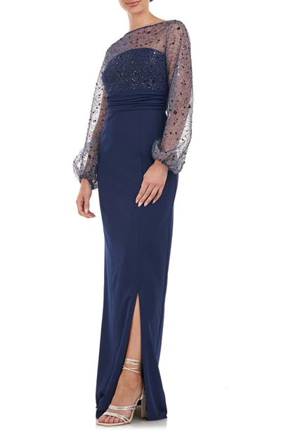 Js Collections Logan Beaded Ilusion Lace Long Sleeve Column Gown In Navy
