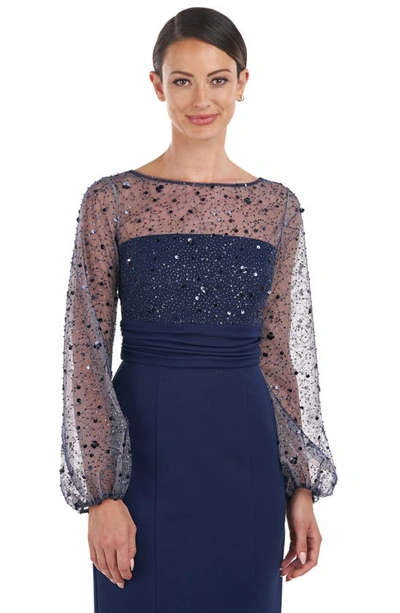 Js Collections Logan Beaded Ilusion Lace Long Sleeve Column Gown In Navy