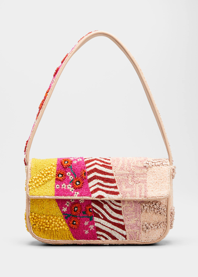 Shop Staud Tommy Multi-pattern Beaded Shoulder Bag In Pink