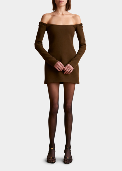 Shop Khaite Octavia Off-the-shoulder Mini Dress In Peat Moss