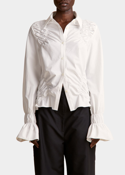 Shop Khaite Hallow Shirred Button-down Top In White
