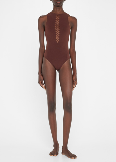 Shop Alaïa Corset One-piece Swimsuit In Brun Fonce