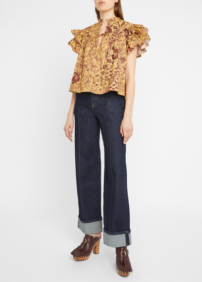 Shop Ulla Johnson Letty Floral Flutter-sleeve Top In Amber