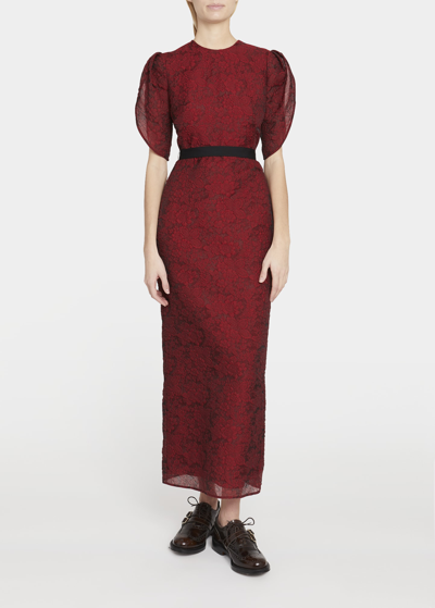 Shop Erdem Asteria Belted Puff-sleeve Maxi Dress In Red
