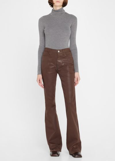 Shop Frame Le High Flare Coated Jeans In Dark Chocolate