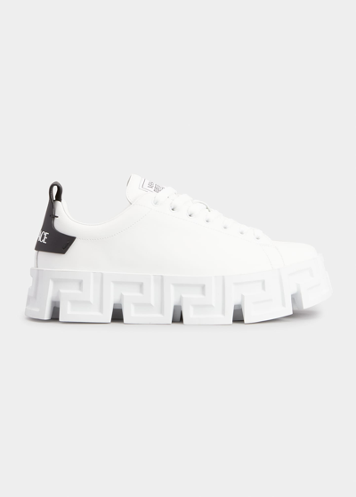Shop Versace Men's Maxi-greca Midsole Leather Low-top Sneakers In Whiteblack-white