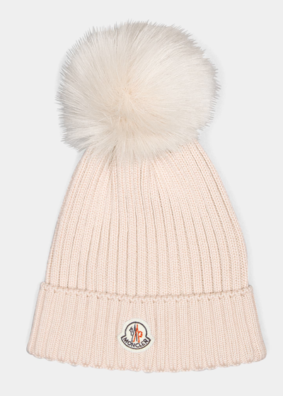 Shop Moncler Girl's Ribbed Wool Beanie W/ Faux Fur Pompom In Pink