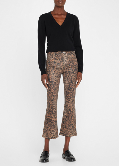 Shop Frame Le Crop Mini Boot-cut Coated Jeans In Leopard