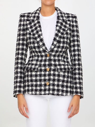 Shop Alessandra Rich Vichy Tweed Jacket In Black/white