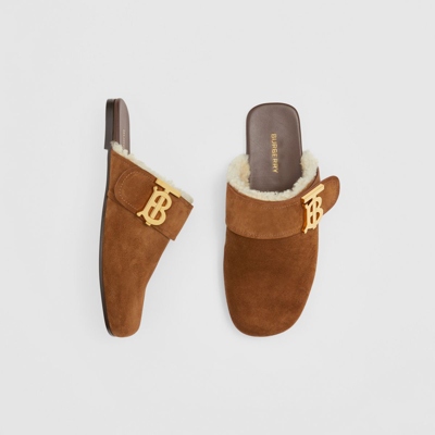 Shop Burberry Monogram Detail Shearling-lined Suede Mules In Chocolate