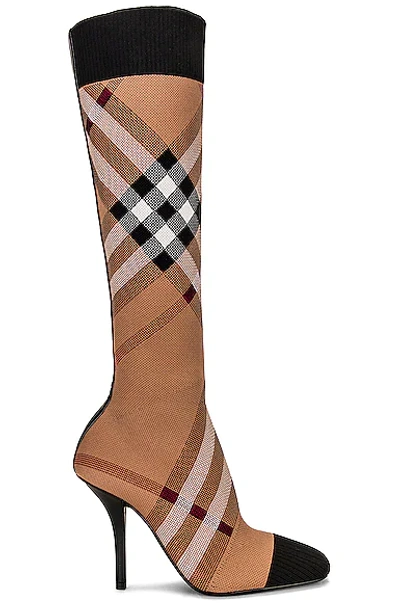 Shop Burberry Dolman Check Knee High Boots In Birch Brown Ip Check