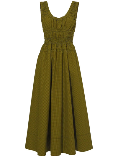 Plaid Poplin Gathered Maxi Dress In Olive/black
