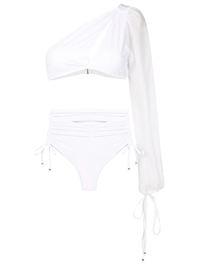 Shop Amir Slama One-shoulder Long-sleeve Bikini Set In White