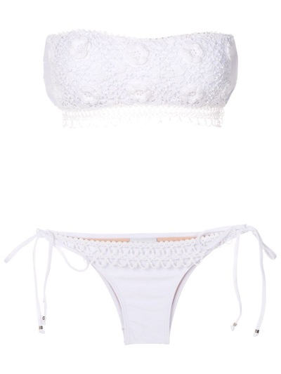 Shop Amir Slama Floral-embroidery Strapless Bikini Set In White