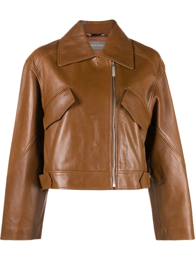 Shop Alberta Ferretti Cropped Zipped Leather Jacket In Braun
