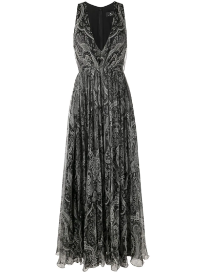Etro Long Dress In Black Silk Chiffon With Paisley Print In Schwarz