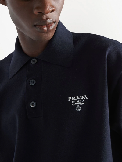 Prada Logo-embroidered Wool Polo Shirt In Blau | ModeSens