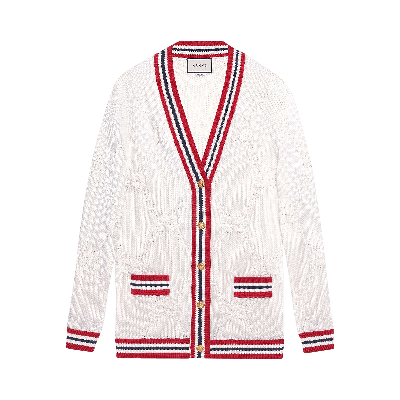 Pre-owned Gucci Sylvie Web Knit Cardigan 'ivory/red' In White