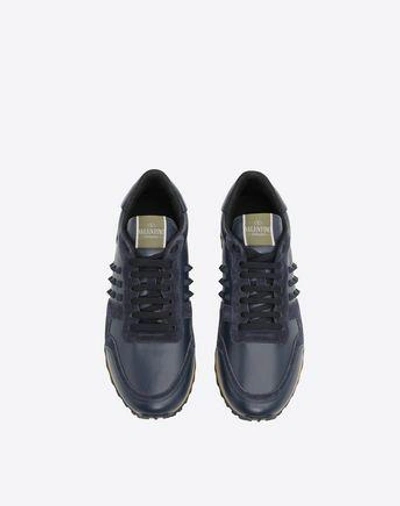 Shop Valentino Garavani Uomo Rockstud Calfskin Sneaker In Dark Blue
