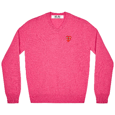 Pre-owned Comme Des Garçons Play Double Heart Logo V-neck Sweater 'pink'