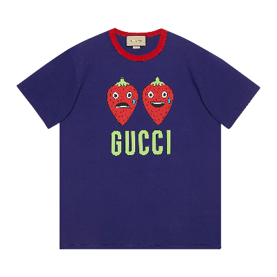 Pre-owned Gucci Strawberry Print Cotton T-shirt 'dark Blue'