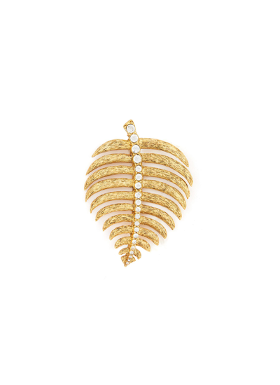 Shop Kenneth Jay Lane Crystal Textured Gold-toned Metal Leaf Brooch In Metallic