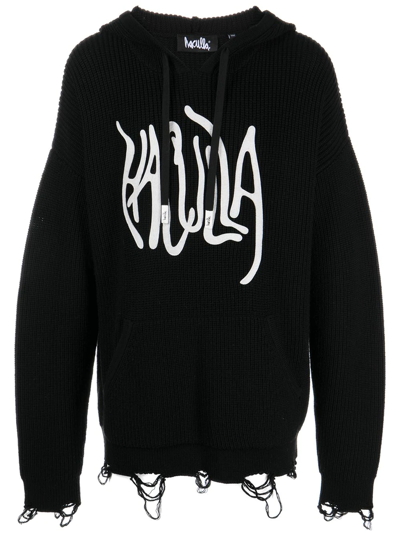 Shop Haculla Logo-print Distressed Knitted Hoodie In Blue
