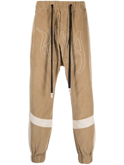 Shop Haculla Embroidered-logo Ribbed Drop-crotch Pants In Brown