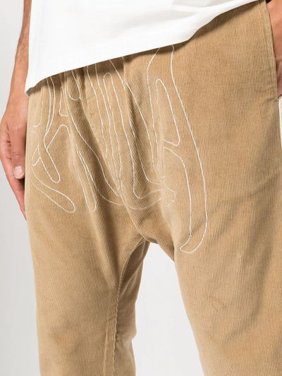 Shop Haculla Embroidered-logo Ribbed Drop-crotch Pants In Brown