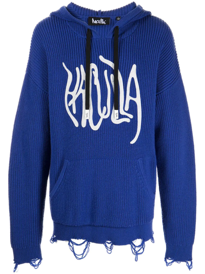 Shop Haculla Logo-print Distressed Knitted Hoodie In Blue