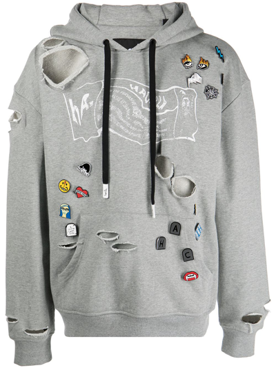 Shop Haculla Pin-detail Distressed Hoodie In Grey