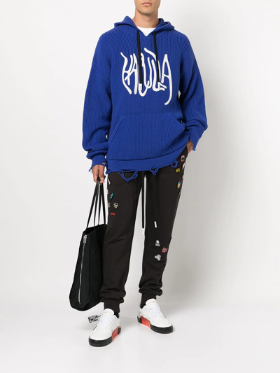 Shop Haculla Logo-print Distressed Knitted Hoodie In Blue