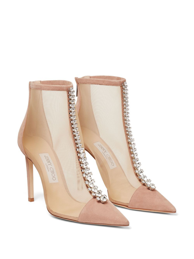 Jimmy Choo Bing 100 Crystal-embellished Suede And Mesh Heeled Boots In Pink