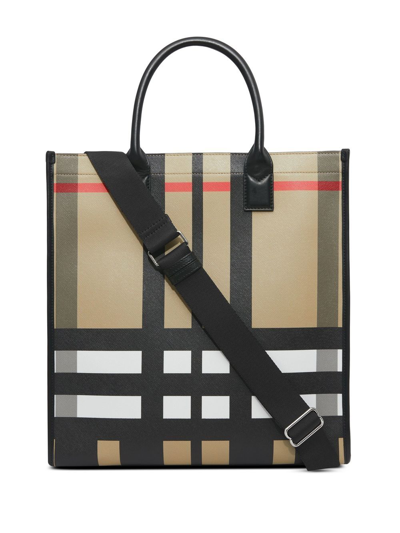 Shop Burberry Exaggerated Check Leather-trim Tote Bag In Neutrals