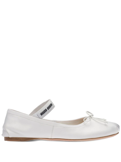Miu Miu Leather Mary Jane Ballerina Flats In Bianco