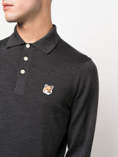 Shop Maison Kitsuné Logo-patch Fine-knit Polo In Grey