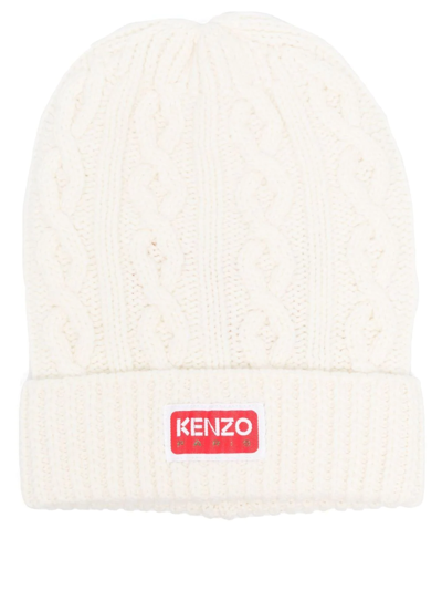Shop Kenzo Cable-knit Wool Beanie In Neutrals
