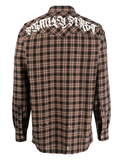 Shop Family First Logo Print Checked Shirt In Brown
