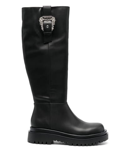 Shop Versace Jeans Couture Baroque-buckle Knee-high Boots In Black