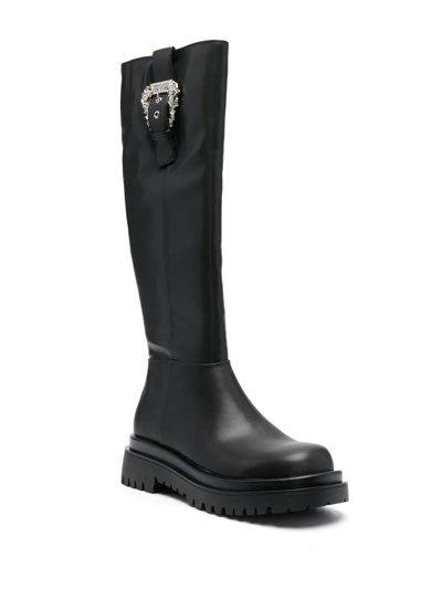 Shop Versace Jeans Couture Baroque-buckle Knee-high Boots In Black