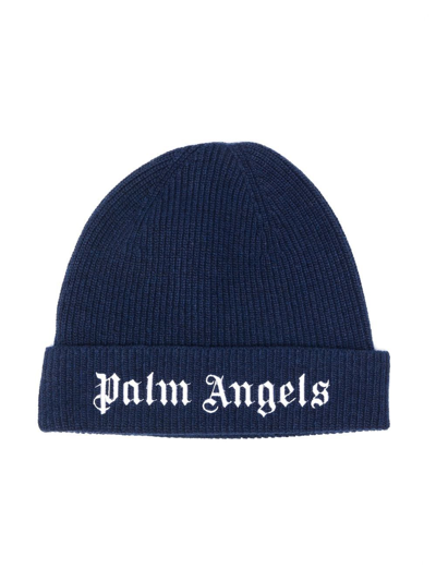 Shop Palm Angels Logo Embroidered Beanie In Blue