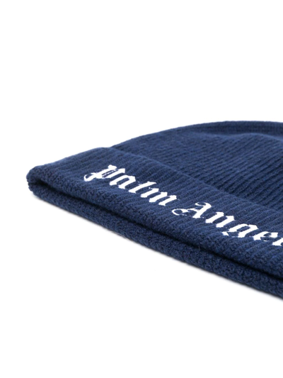 Shop Palm Angels Logo Embroidered Beanie In Blue