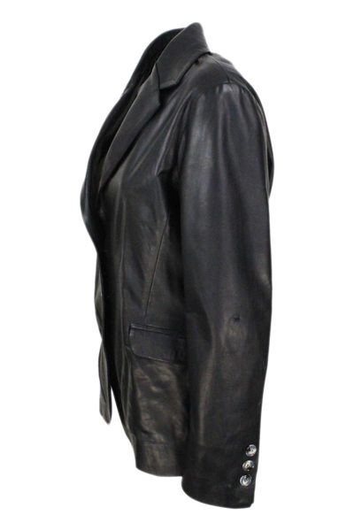 Shop Barba Napoli Soft Leather Blazer Jacket With 2 Button Closure And Flap Pockets In Black