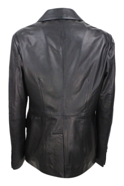 Shop Barba Napoli Soft Leather Blazer Jacket With 2 Button Closure And Flap Pockets In Black