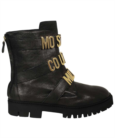 Shop Moschino Lettering Multi-straps Ankle Boots In Black