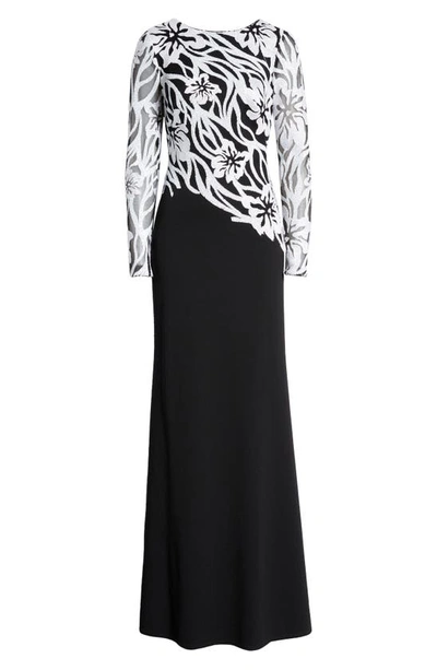 Shop Tadashi Shoji Sequin Bodice Long Sleeve Gown In White/ Black