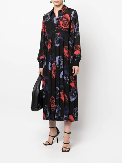 Ferragamo Floral Wool-blend Midi Dress In Schwarz