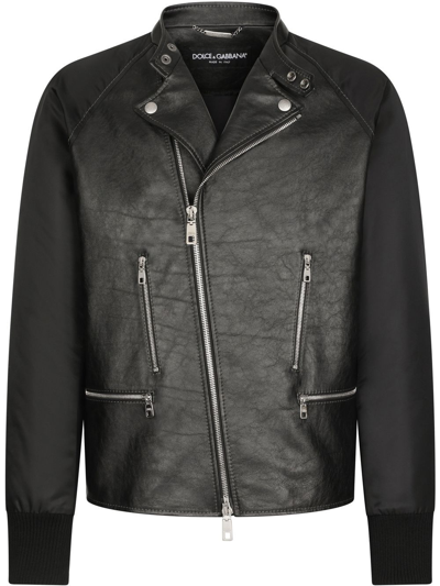 Shop Dolce & Gabbana Contrasting-sleeve Leather Biker Jacket In Schwarz