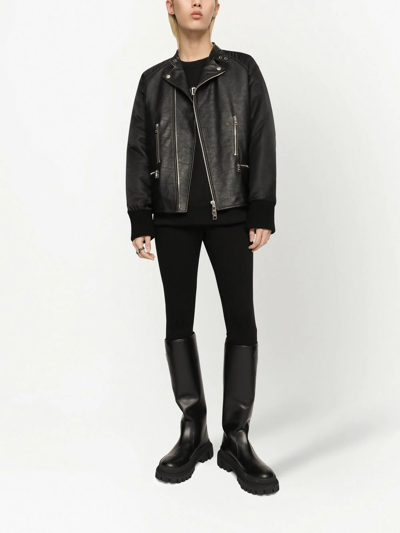 Dolce & Gabbana Contrasting-sleeve Leather Biker Jacket In Schwarz