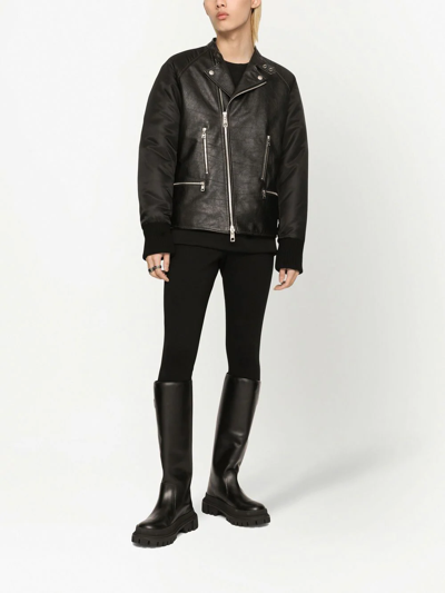 Dolce & Gabbana Contrasting-sleeve Leather Biker Jacket In Schwarz